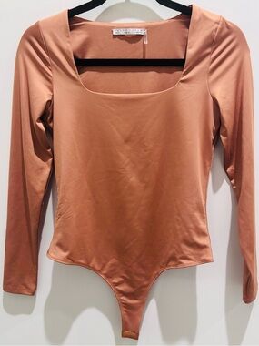 Dress Forum Long Sleeve Square Neck Bodysuit in Rusty Peach